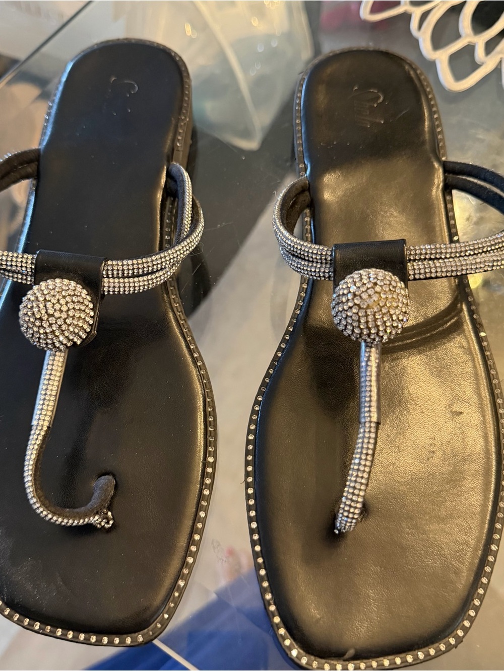 Women's Black Rhinestone T-Strap Sandals